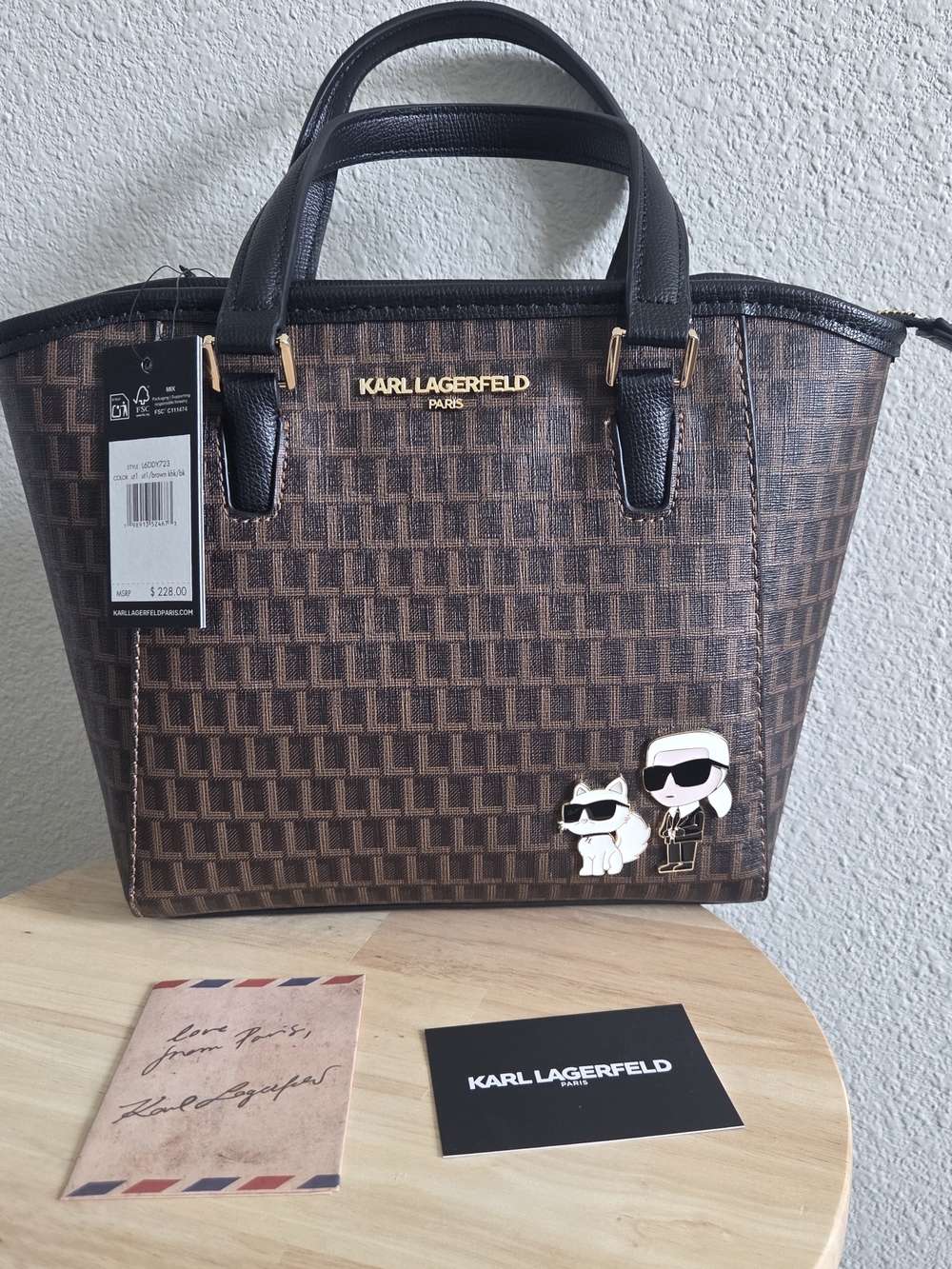 Karl Lagerfeld Paris Maybelle Brown & Black Monogram Tote with Charms